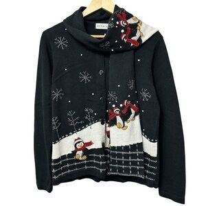 Christmas Penguin Holiday Cardigan Sweater with Scarf, Medium